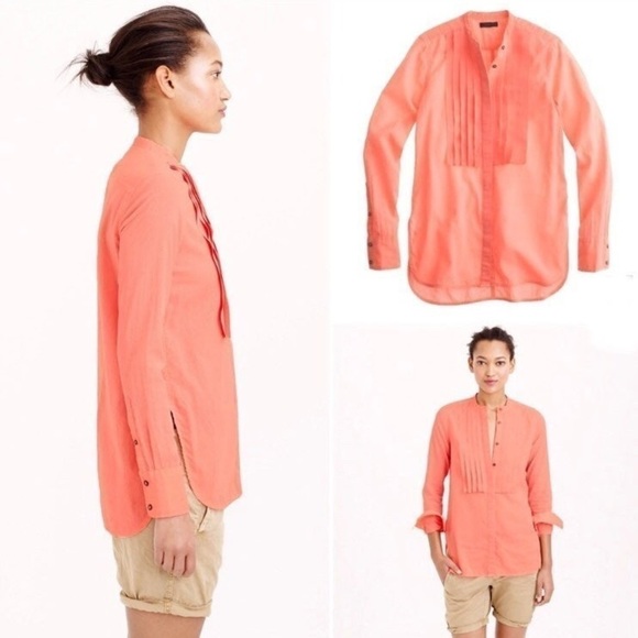 J.Crew Neon Coral Grosgrain Grain Ribbon Long Sleeve Blouse Size 0 - Picture 3 of 15